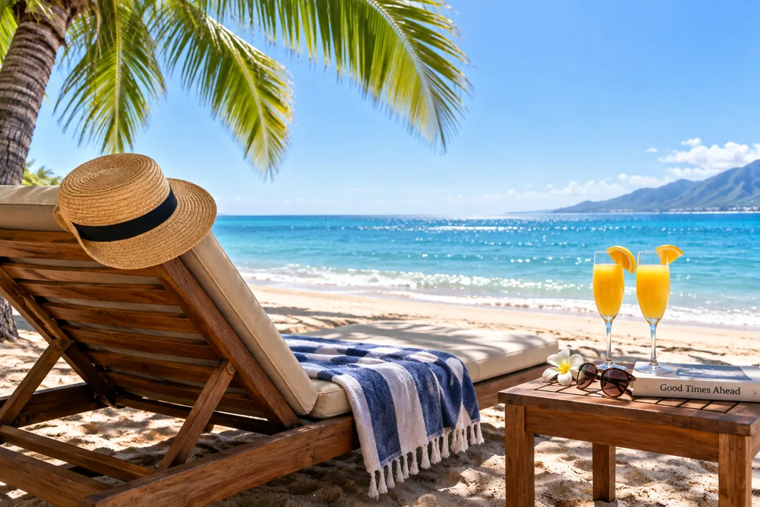 A shaded lounge chair on a sunny beach with two mimosas nearby