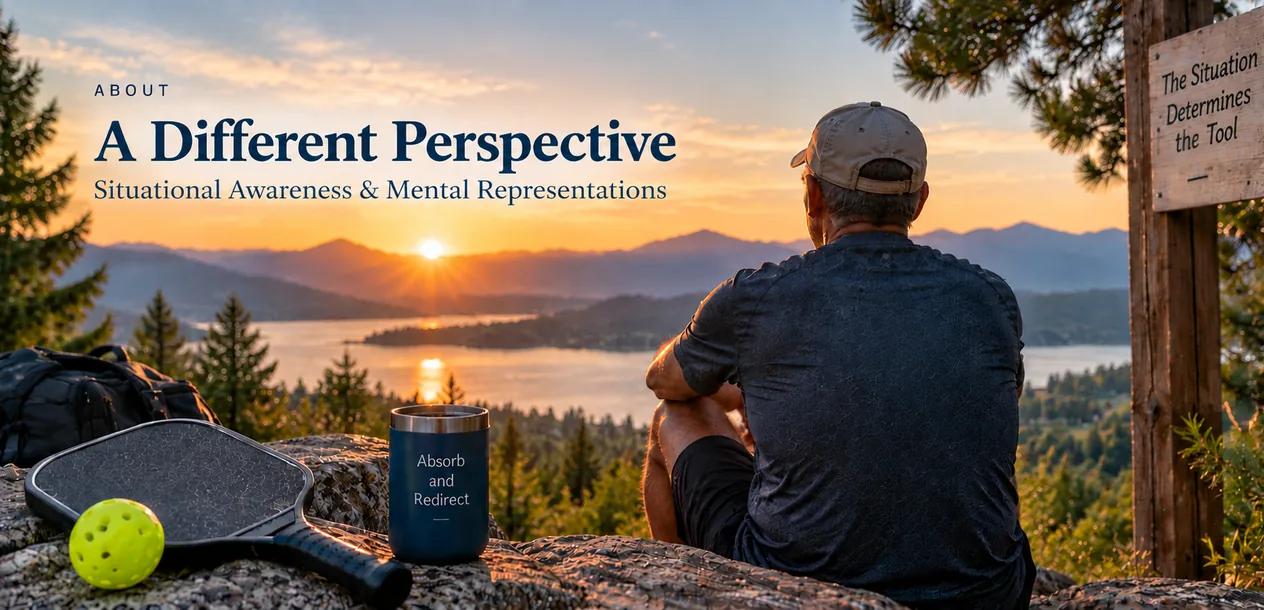 A contemplative player overlooking a mountain lake at sunset with pickleball gear nearby.