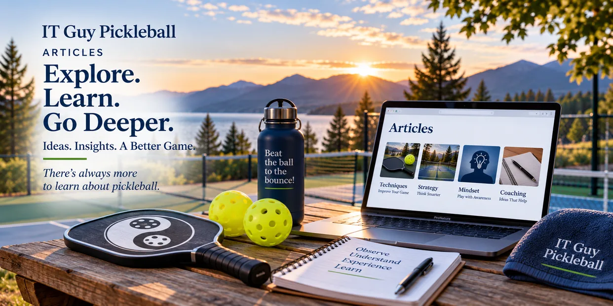 IT Guy Pickleball article library workspace beside a scenic pickleball court and mountain lake at sunset.