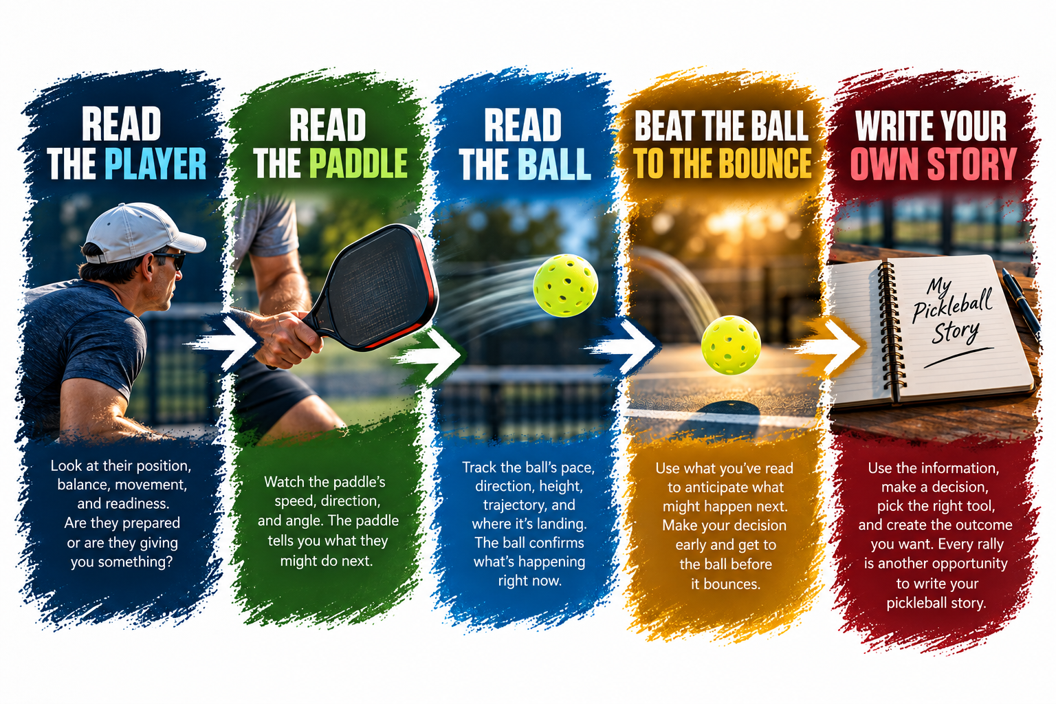 Five-part visual roadmap: Read the Player, Read the Paddle, Read the Ball, Beat the Ball to the Bounce, and Write Your Own Story.
