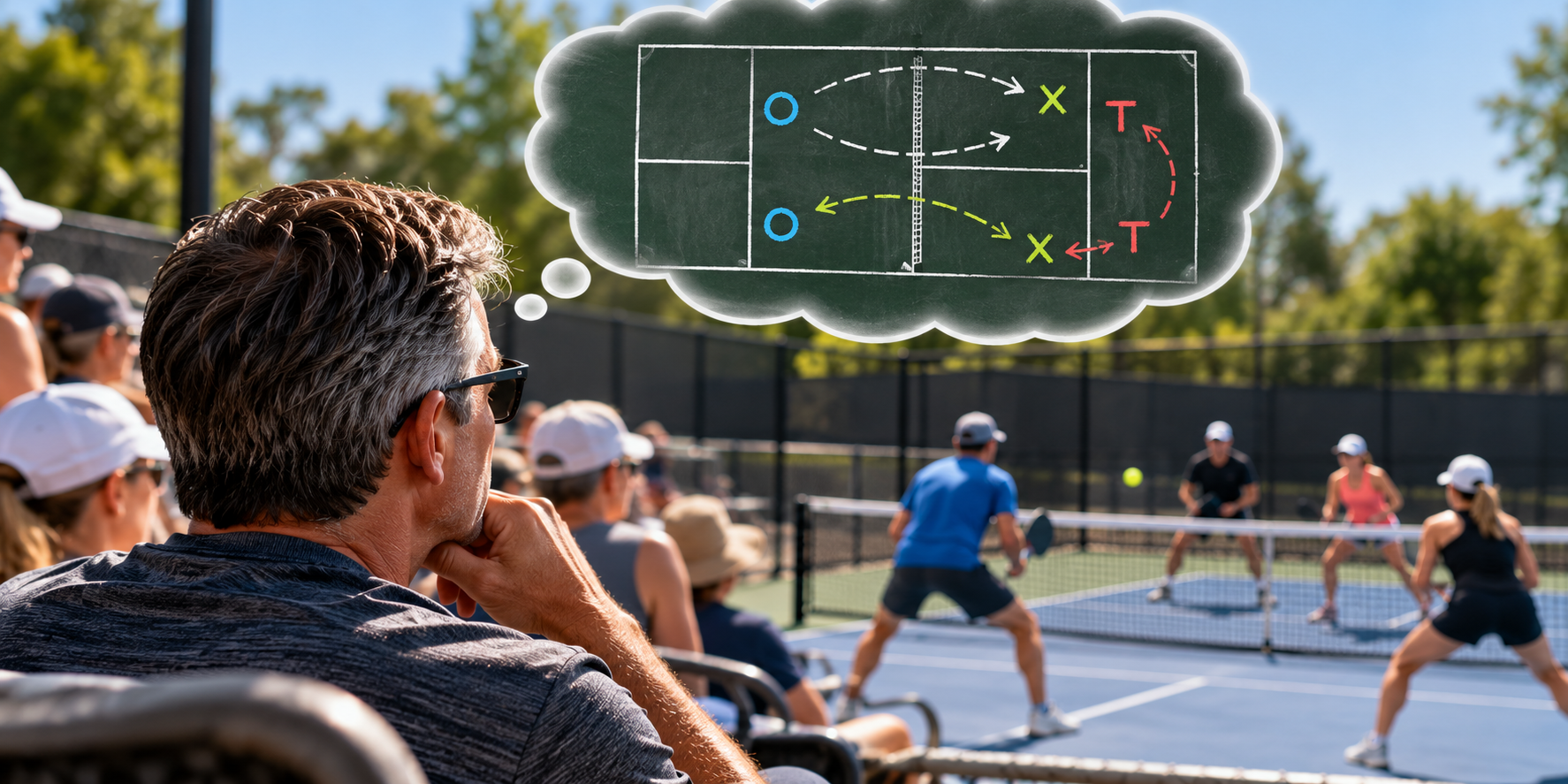 A spectator studies a pickleball doubles match while imagining the game as a tactical court diagram.
