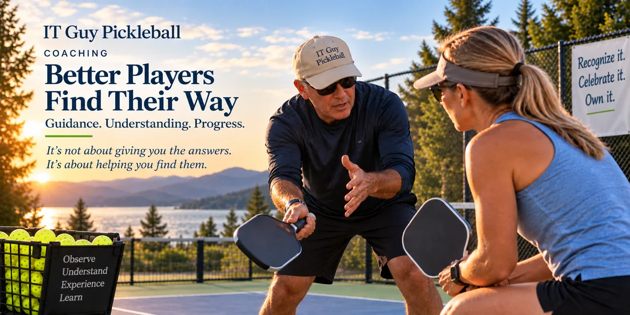 Pickleball coach guiding a player at sunset beside a mountain lake. The image includes the words IT Guy Pickleball, Coaching, Better Players Find Their Way, and a coaching message.
