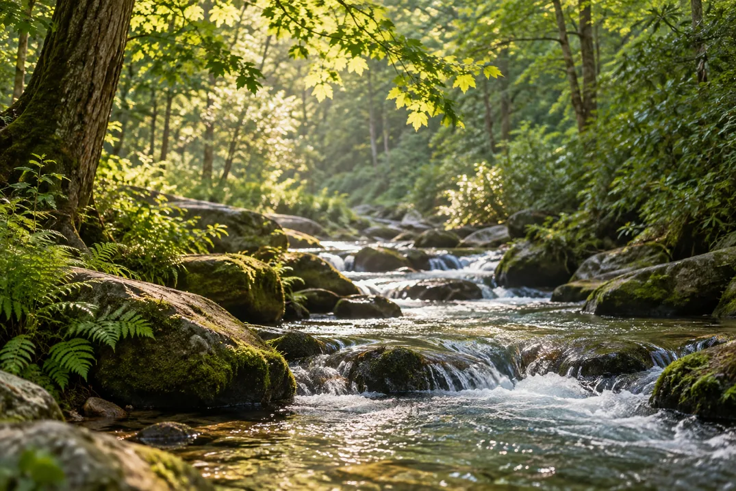 A quiet forest stream flowing through a green woodland