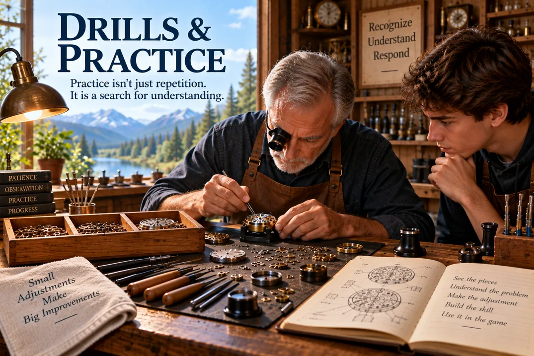 Experienced watchmaker guiding an apprentice while examining a mechanical watch