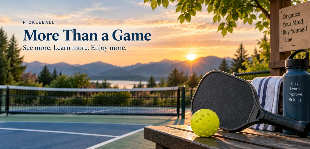 Pickleball court at sunset with a paddle, ball, water bottle and wood sign.