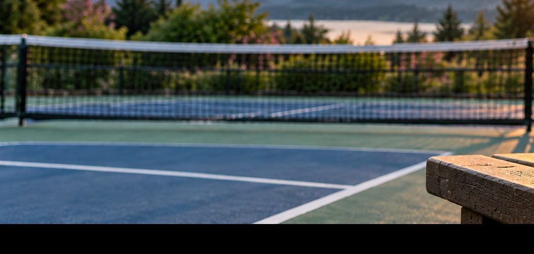 Pickleball court, net, mountains and a ball at sunset