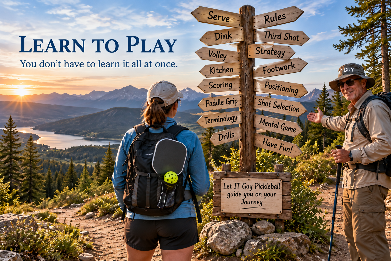 Beginning hiker facing a deliberately confusing trail sign of pickleball concepts while an IT Guy trail guide offers direction