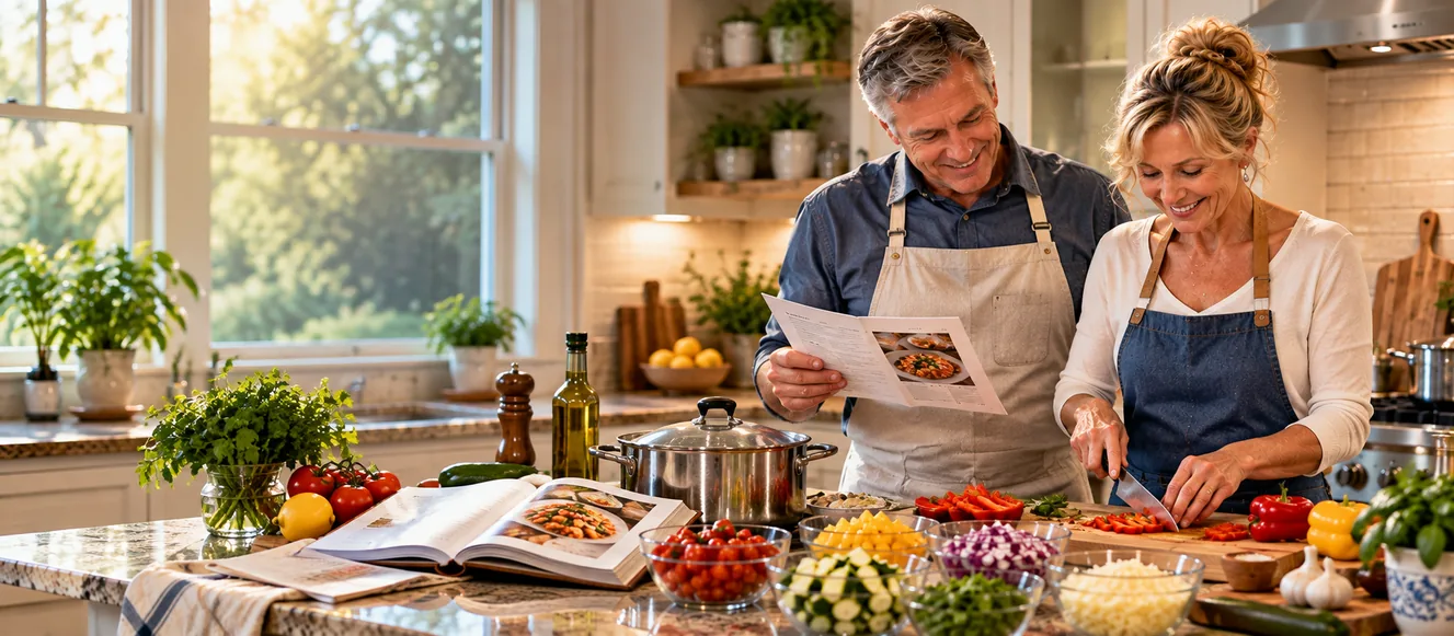 A calm, organized kitchen where a man and woman confidently prepare dinner using recipes and premeasured ingredients