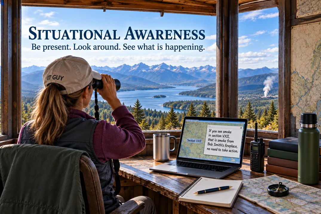 Woman in a fire lookout observing a distant plume of smoke while a laptop provides contextual information about the source
