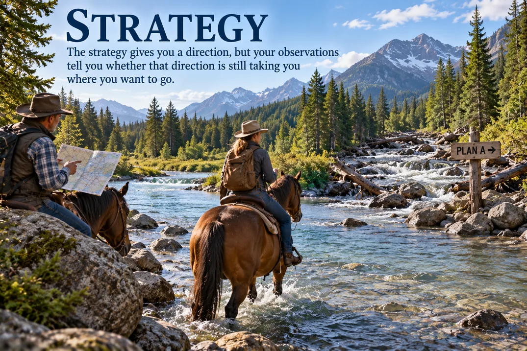 Two horseback riders reassessing their route at a mountain river crossing