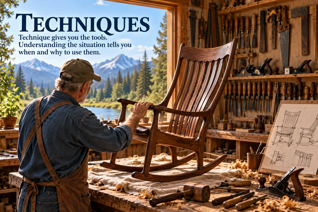 Woodworker studying a finely crafted walnut rocking chair in a traditional workshop