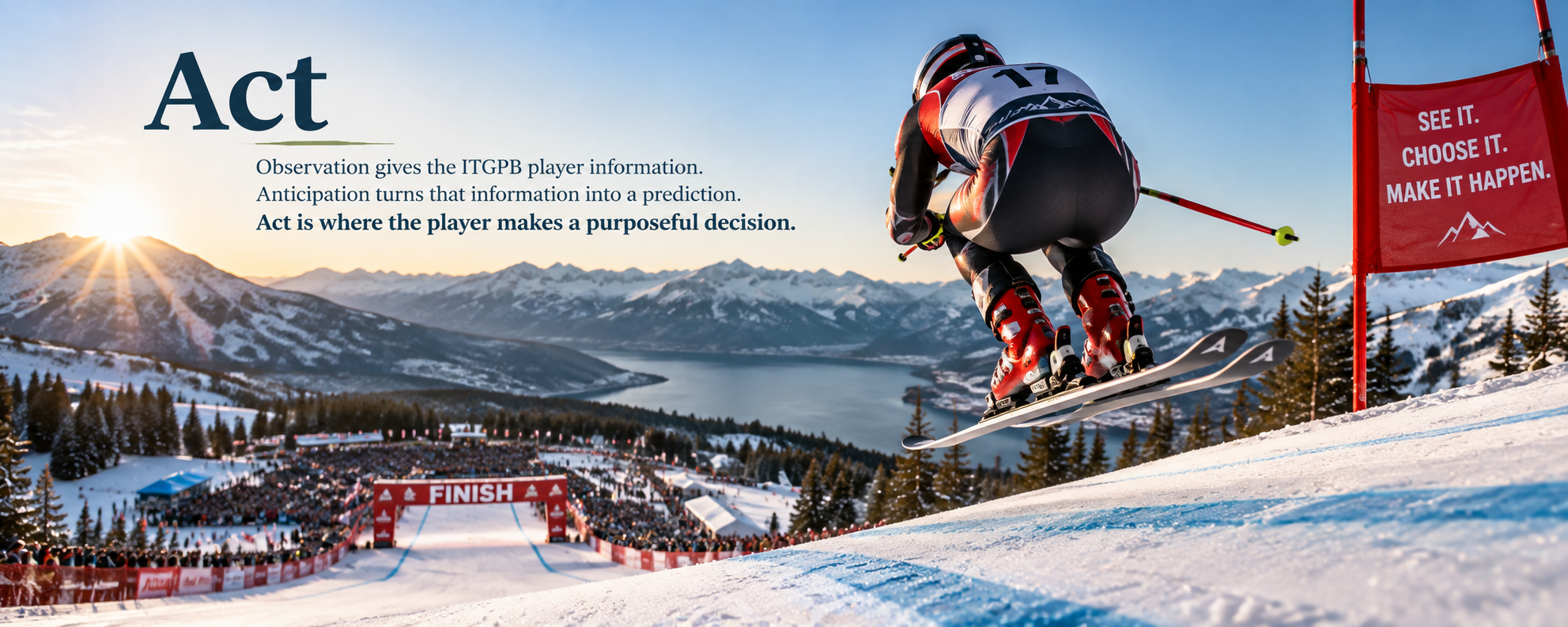 Downhill skier in a tuck just after leaving the ground, headed toward the finish line