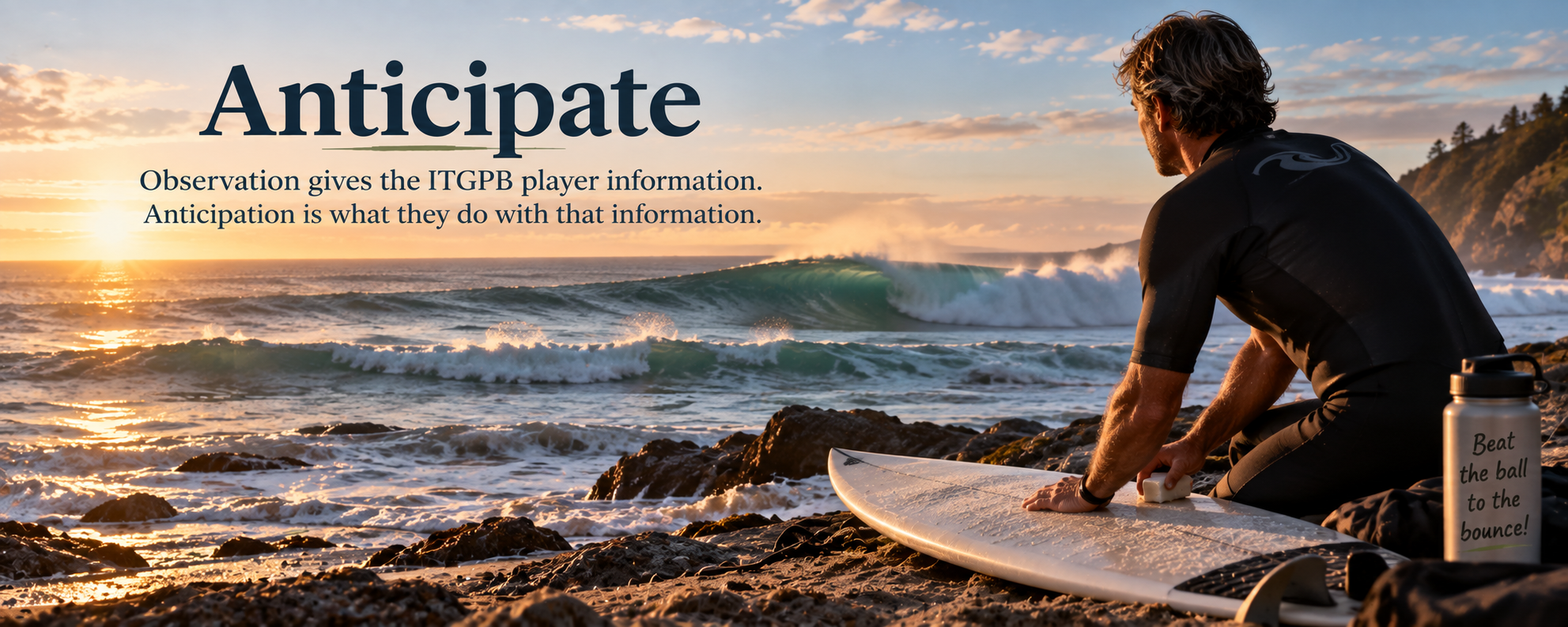 Surfer waxing a board while studying approaching waves