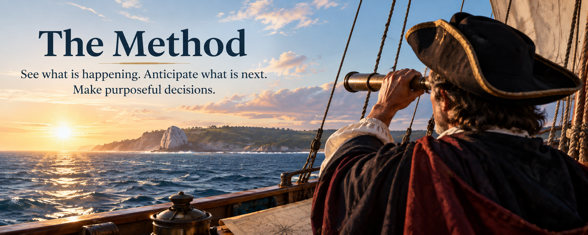Historical navigator aboard a sailing ship looking through a spyglass toward an unfamiliar coastline