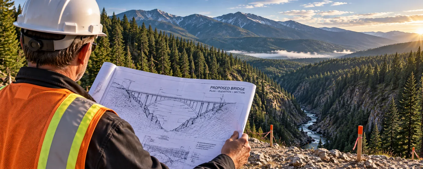 Highway engineer studying bridge plans while looking across an unbridged forested ravine
