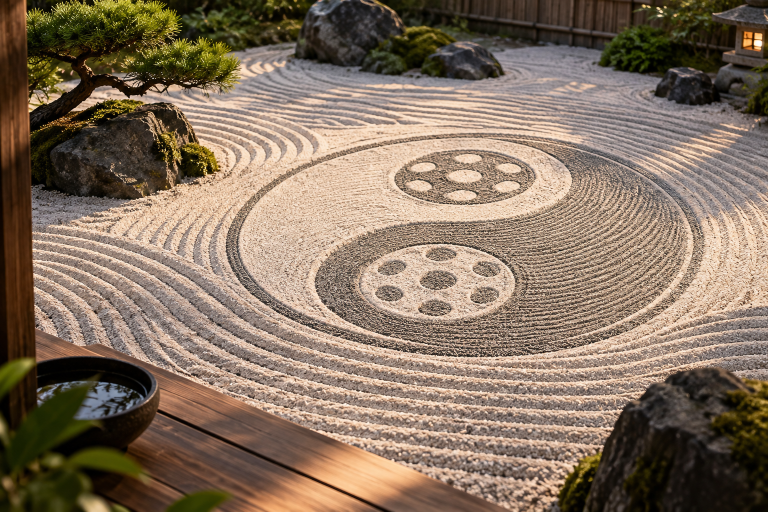 Japanese Zen garden in warm late-day light with raked sand and a yin-yang design