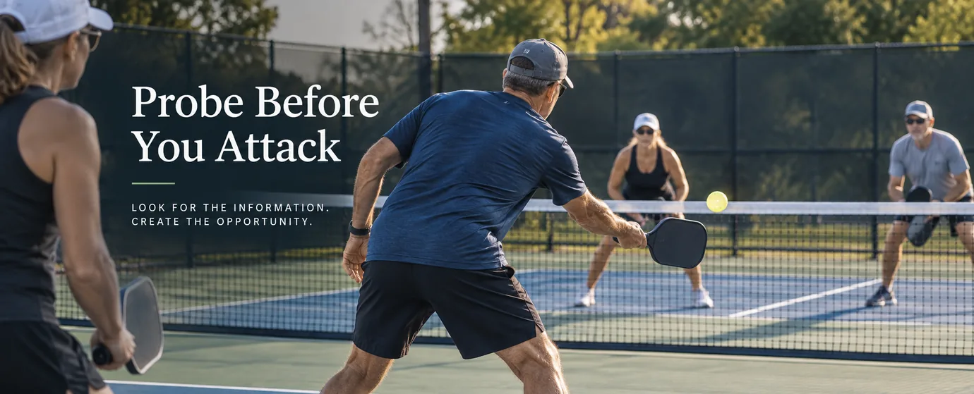 Doubles pickleball players using a controlled shot to test their opponents
