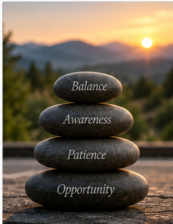 Four balanced stones representing Balance, Awareness, Patience, and Opportunity